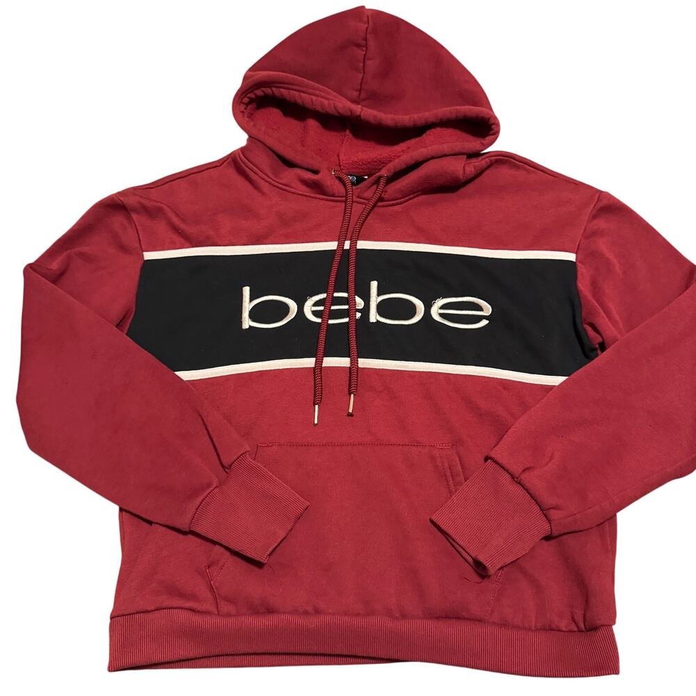 Bebe Sport Womens XL Burgundy Hoodie Pullover Embroidered Colorblock Thumbholes